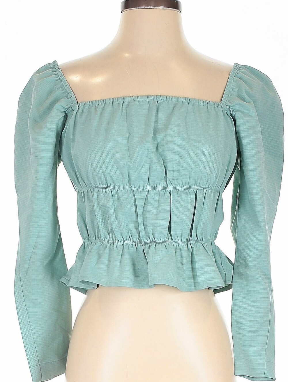 Petite Studio Mint/Sage Green Smocked Peplum Puff Sleeve Blouse Top XS NWOT